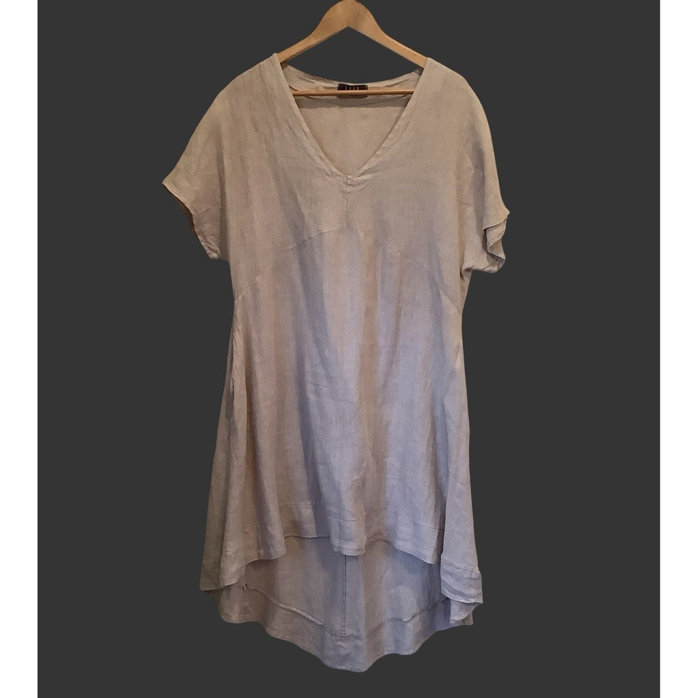 Khaki Linen Dress Saga Italian Made High Low Peasant Boho Summer Dress Sz S/M